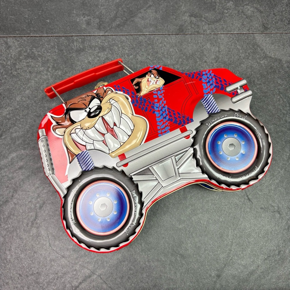 Vintage 2001 Tasmania Devil Taz Monster Truck Lunch Tin Metal Car Handle